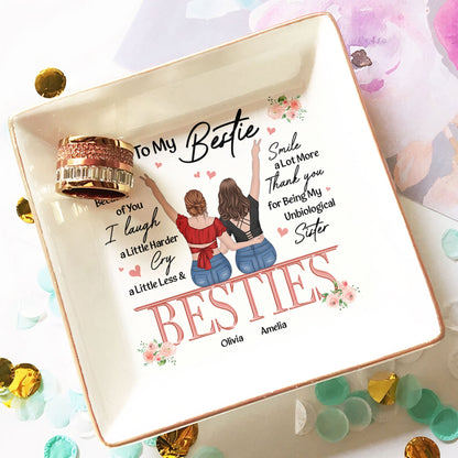 Heartfelt friendship jewelry dish with “I Laugh More, Cry Less” message. A meaningful thank-you gift for best friends—beautiful, practical, and sentimental.