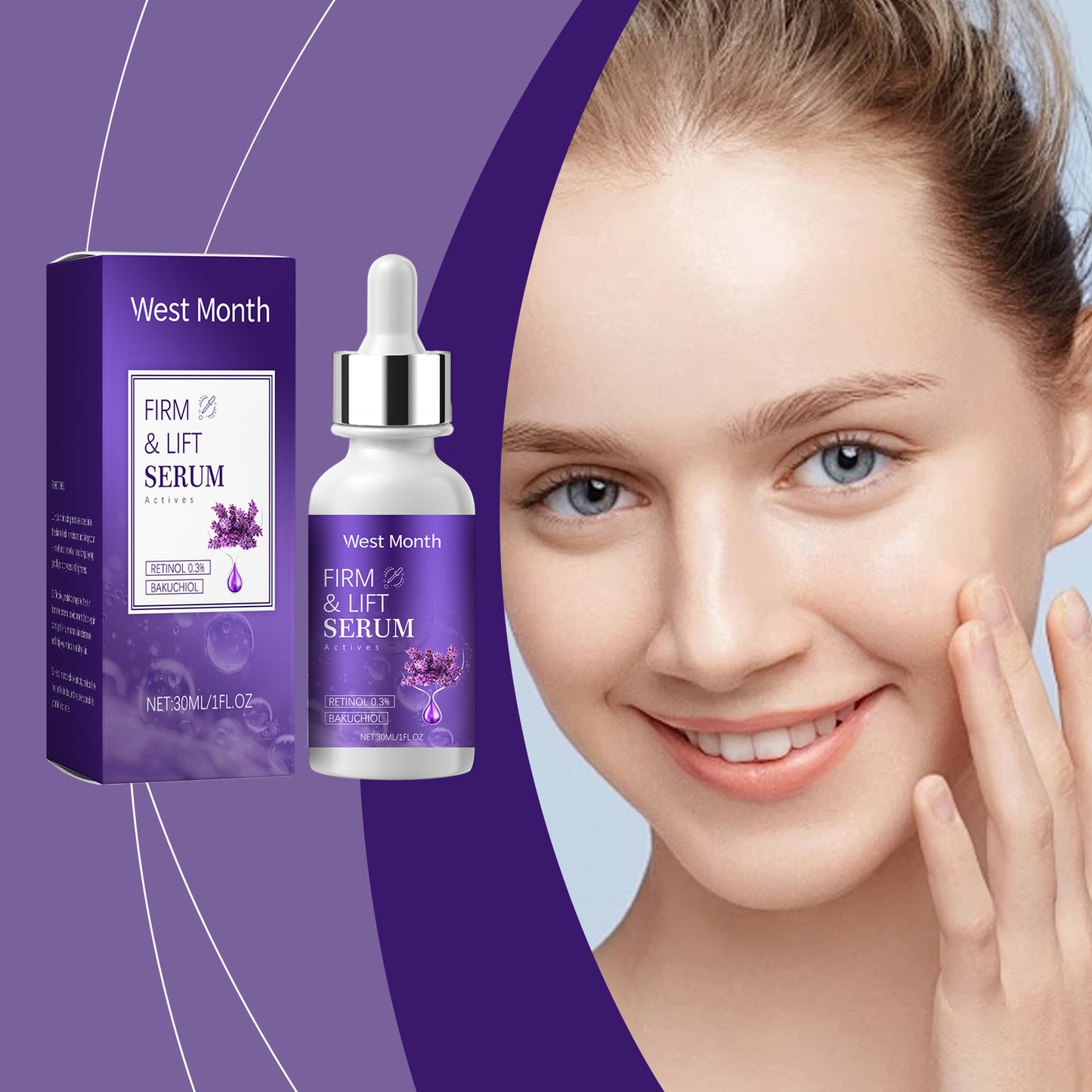 Retinol firming serum bottle for anti-aging skincare, hydrating face serum for wrinkles and fine lines

