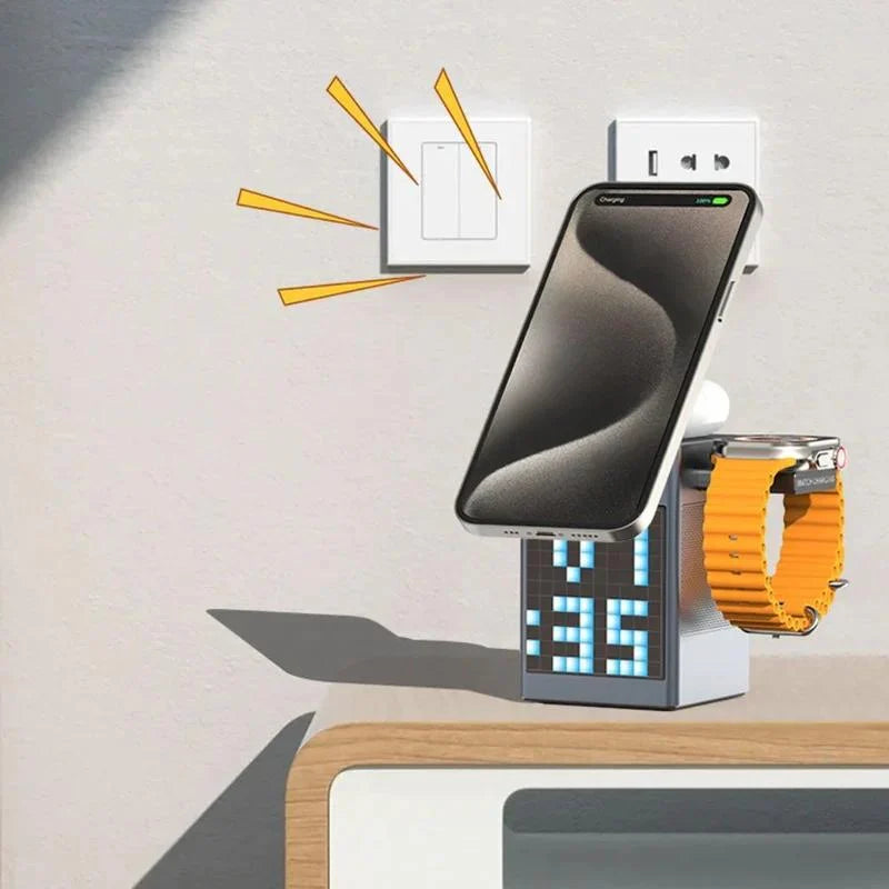 Zarusky 6-in-1 Wireless Charger Station - Magnetic Bluetooth Speaker Alarm Clock Stand